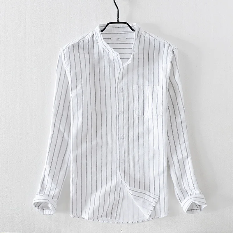 

Suehaiwe's brand long-sleeved striped linen shirts men white spring and autumn cotton shirt mens comfortable camisa chemise