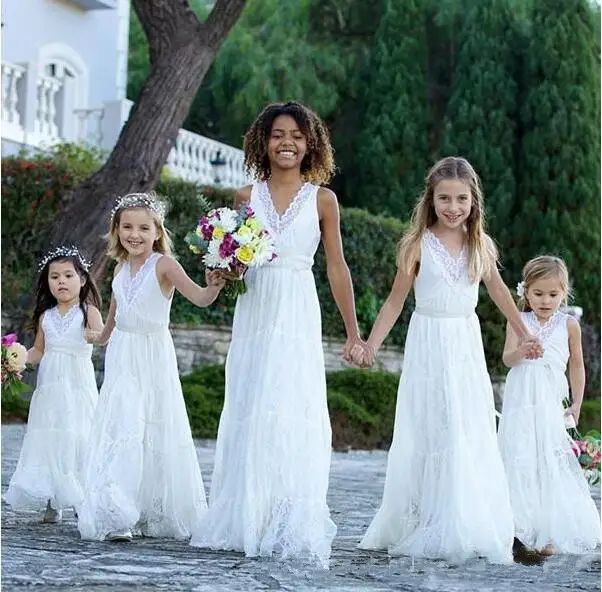 Boho White Lace Flower Girl Dress For Beach Wedding V Neck Soft