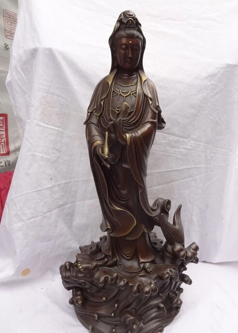 

xiuli 002774 25" Chinese Pure Bronze Buddhism Guan Yin Kwan-Yin Pot Ride Dragon Fish Statue