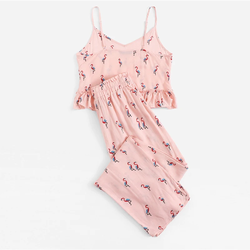 Dotfashion розовый Фламинго печати рюшами Cami и Drawstring Брюки PJ набор повседневные пижамы для женщин летние без рукавов ночное белье