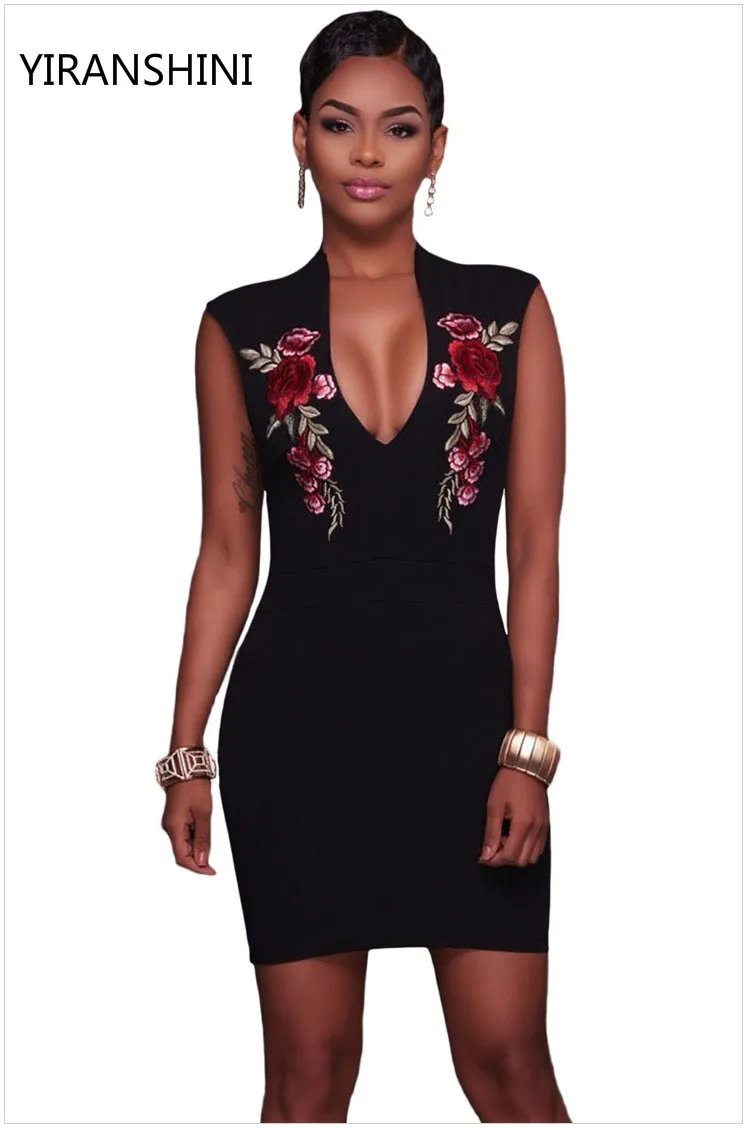 Sexy Red Rose Flower 3D Appliques Embroidery Sheath Dress Vintage Woman ...