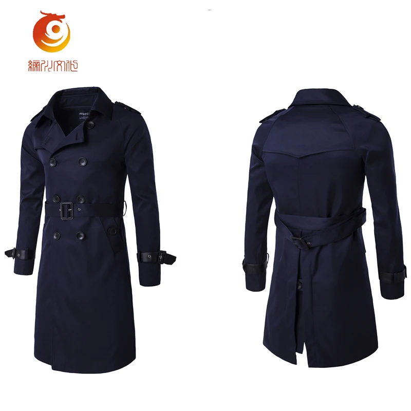 Double Breasted Trench Coat Men 2017 Navy Blue Long Trench Men Coat Fashion Casual mens trench