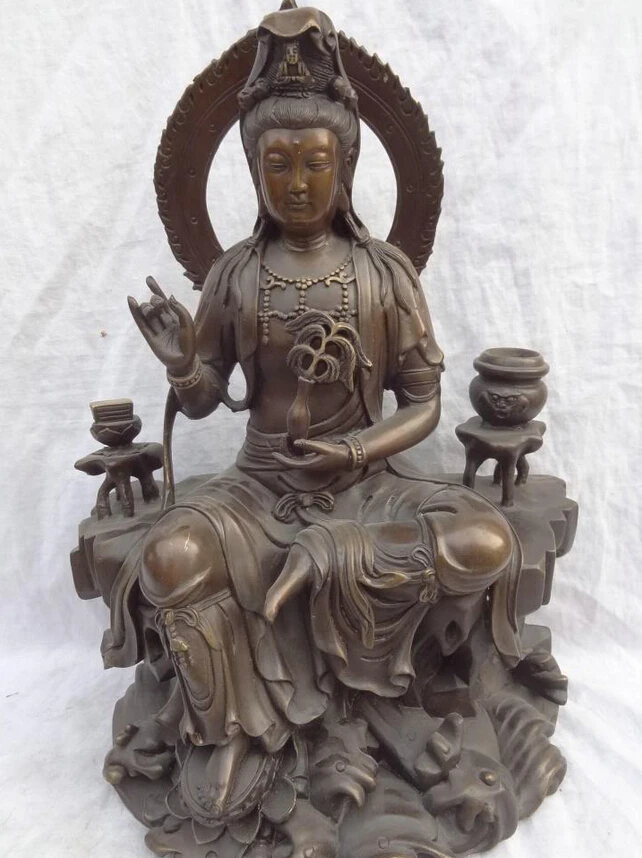 

Fast shipping USPS to USA S1653 16" Chinese Pure Bronze Buddhism Lotus Kwan-Yin Goddess GuanYin Pot Statue Set