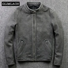 Винтажная мужская Тонкая байкерская куртка из коровьей кожи размера плюс XXXXL Натуральная Воловья кожа Весенняя русская Короткая кожаная куртка