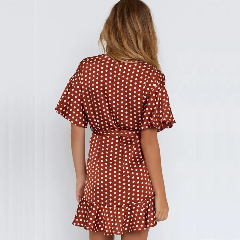 yinlinh Red Polka Dot Summer Dress Short Sleeve V Neck Sexy Mini Dress Women Sash Slim Waist Irregular Ruffles pea Vestidos 304