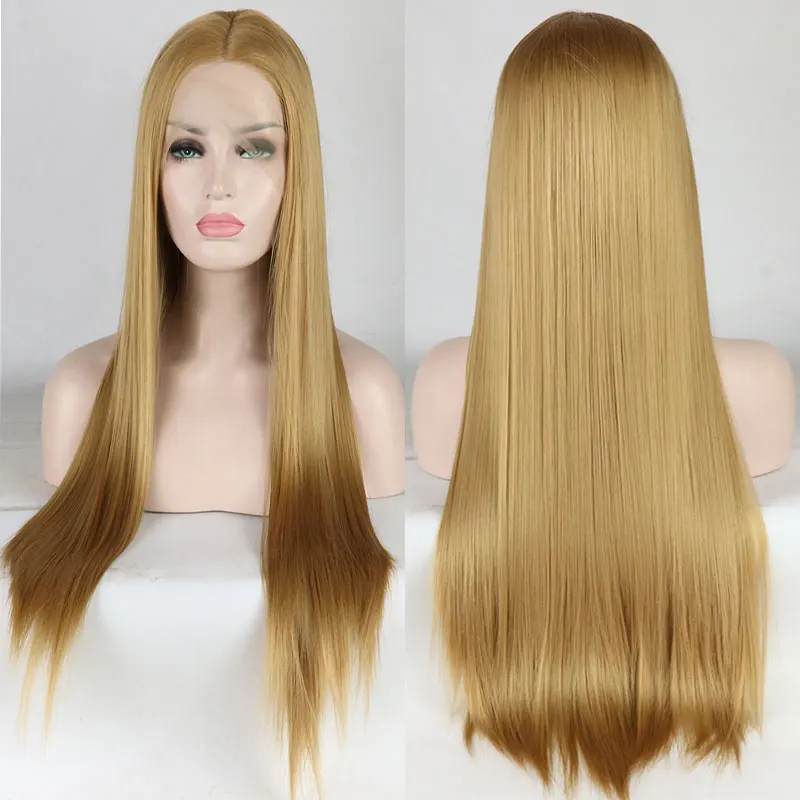 Bombshell, Золотой Блонд, длинные прямые синтетические волосы на кружеве, парик без клея, жаропрочное волокно, средний пробор для белых женщин