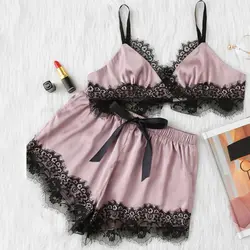 Sanderala шелковая Сексуальная женская пижама с бантом Плюс Размер Цвет Блок зубчатая ресница кружева спагетти ремень укороченный розовый топ