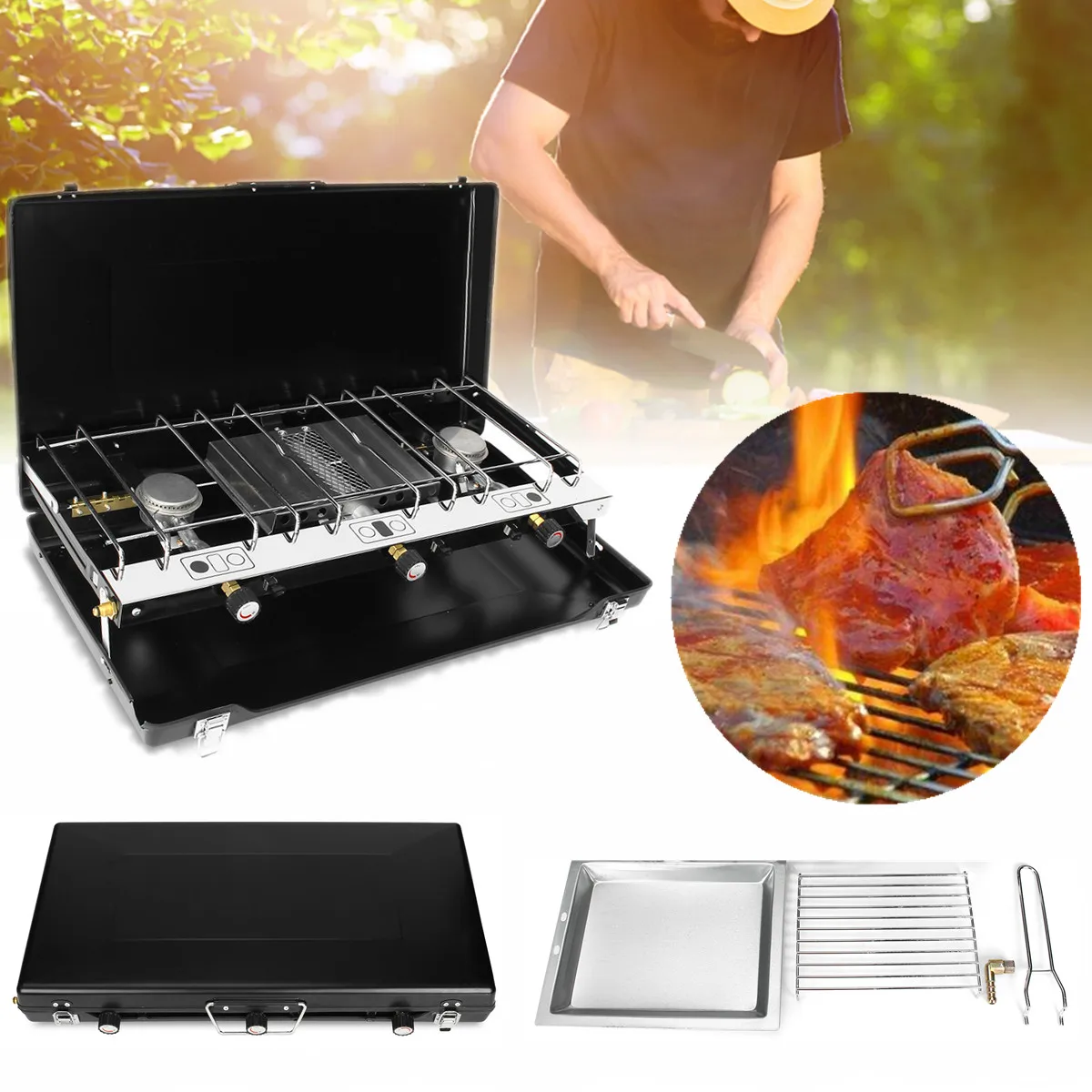 

Gas Stove Grill Cooker Outdoor Camping Portable Tabletop Dual Burner Heater BBQ Cold Rolled Sheet Stainless Steel Easy Safe