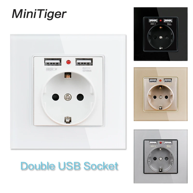Розетка настенная Minitiger из закаленного стекла с двумя USB-портами 2 1 А 16 |