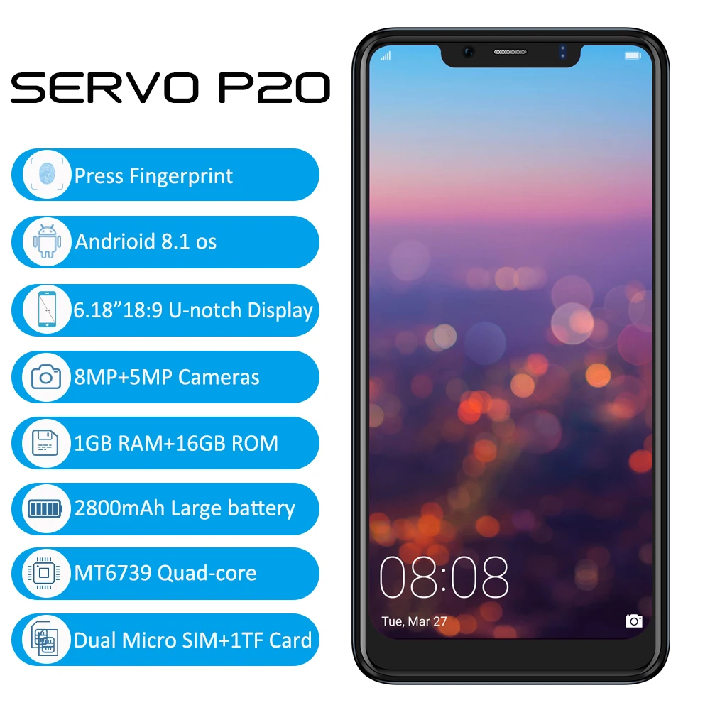 

SERVO P20 Smartphone 6.18" 18:9 U-notch Display 4G LTE Mobile Phone MTK6739 Android 8.1 Fingerprint Dual Back Camera 8.0MP Cell