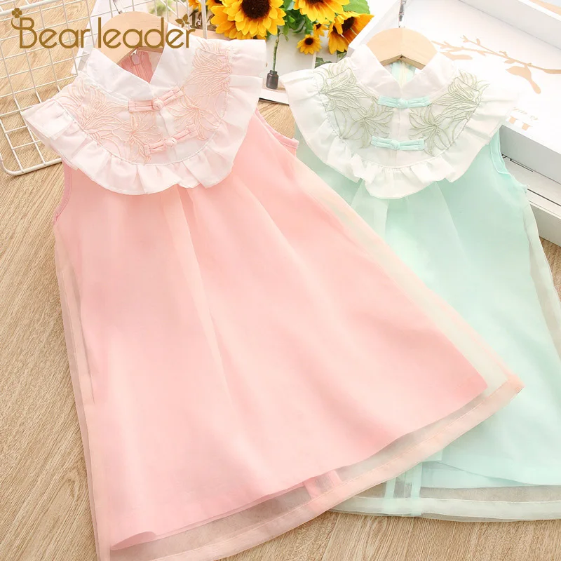 

Bear Leader Girls Dresses 2019 Summer Ruffle Collar Buckle Crossbody Flower Embroidery Sleeveless Dress Kids Dresses For Girls