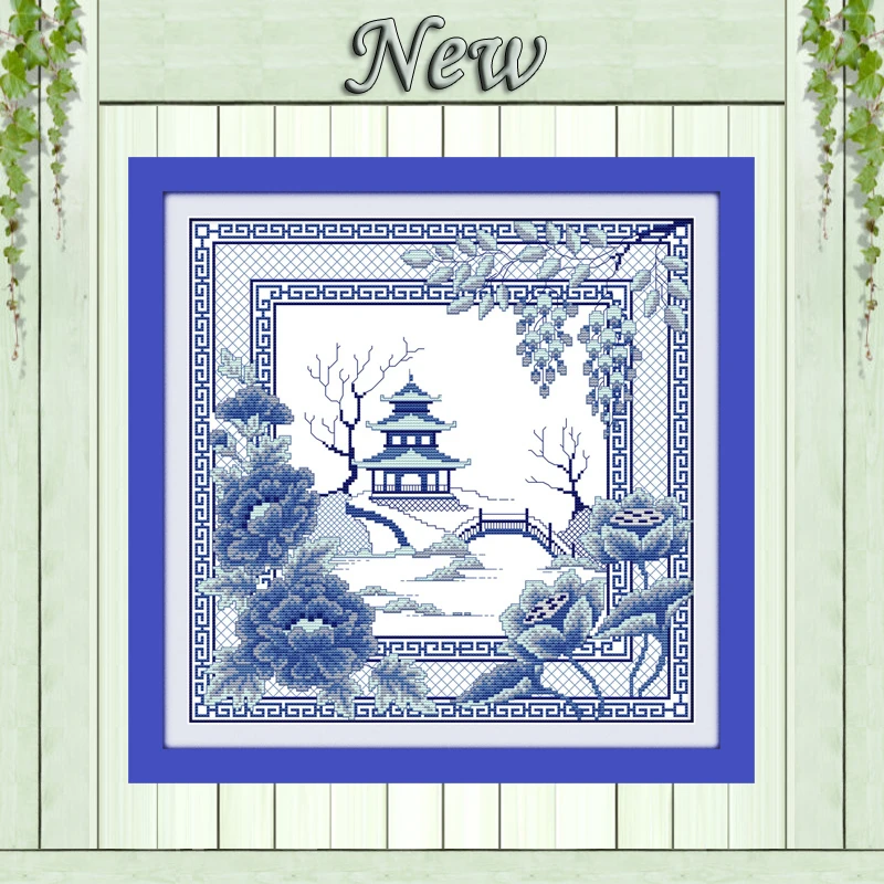 

The blue porcelain view Lotus pond painting Counted printed on canvas DMC 14CT 11CT Cross Stitch Needlework kits Embroidery Sets
