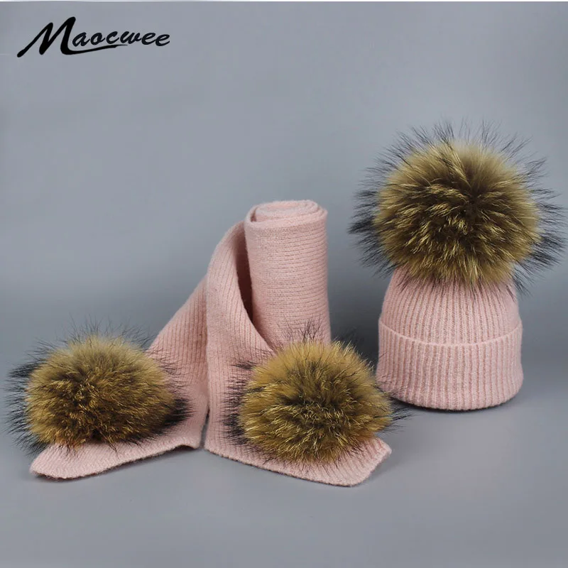 

Winter Women's Knitted Wool Hat Cap with Raccoon Fur Pompon for Girls Balaclava Skull Face Mask Panama New Year Hats Toucas Bone