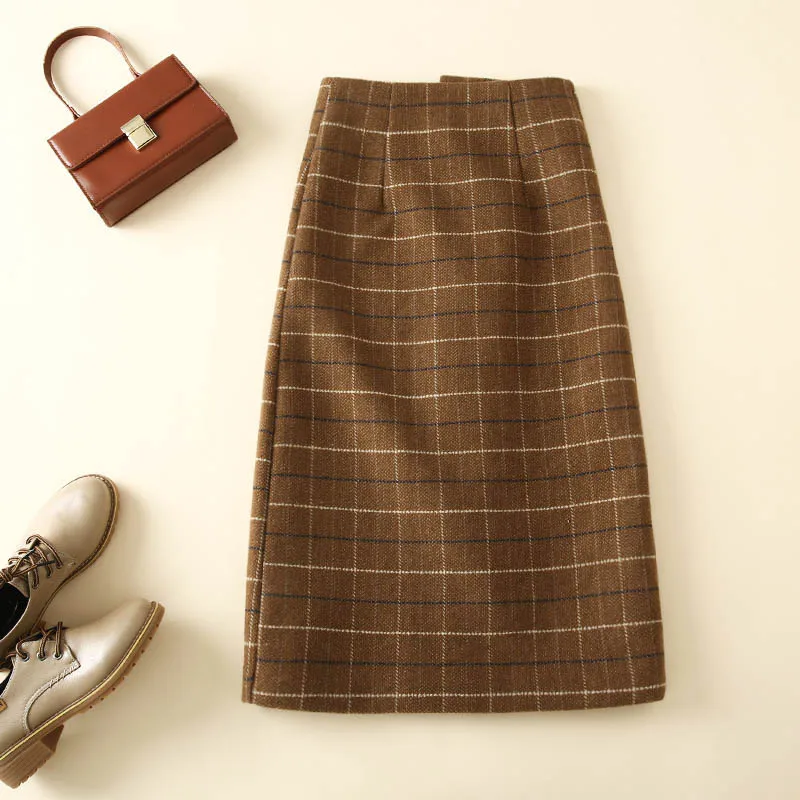 Skup Kobiety wełniana chusta spódnica ołówkowa wysokiej talii Celebrity krata Retro kobieta moda spódnica jednorzędowa