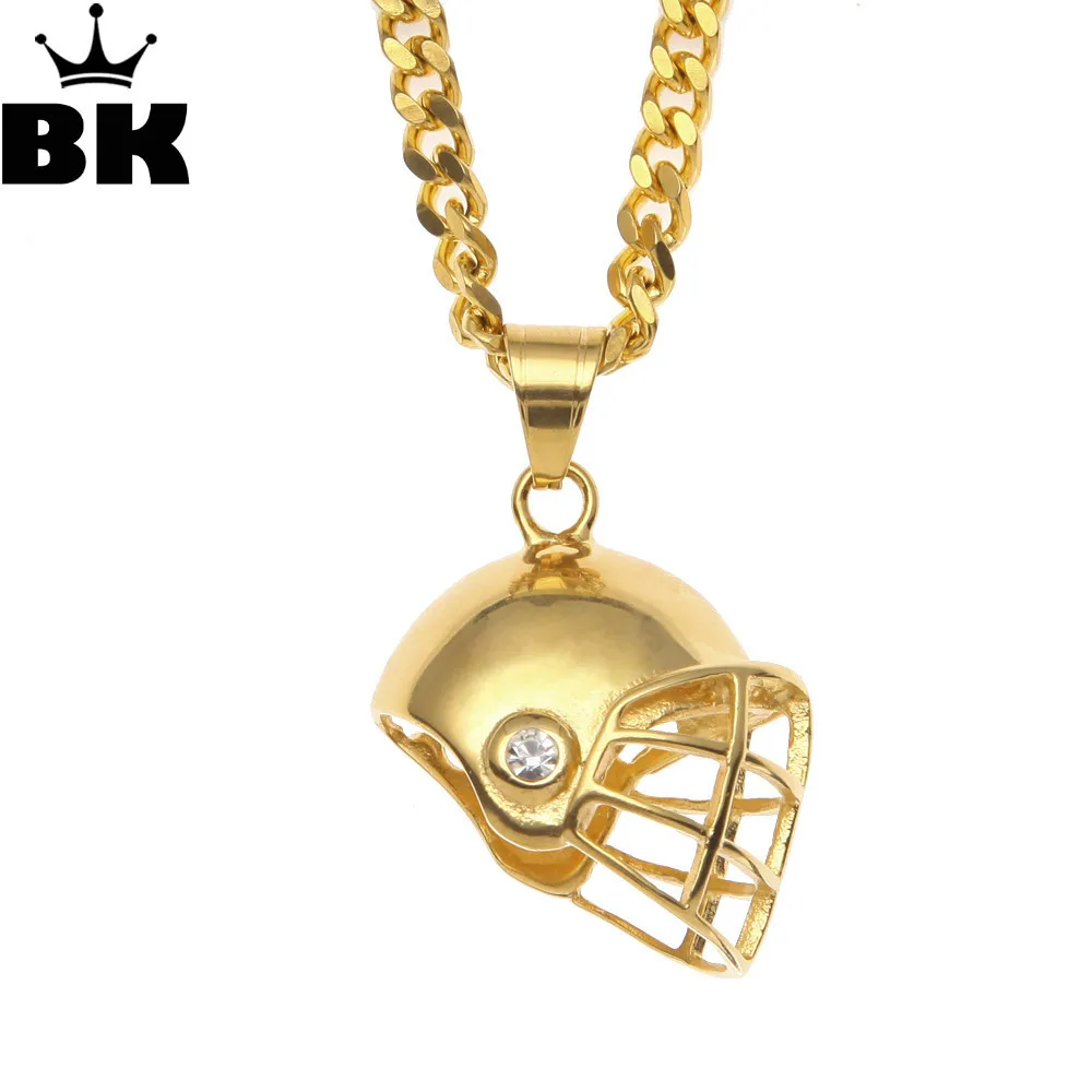 Stainless Steel Helmet Pendant & Chain Necklace Gold Color For Men Ice
