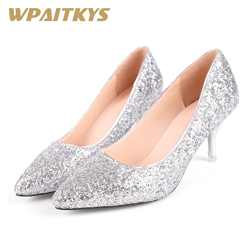 

2019 Bling High-heeled Shoes Woman Silver Golden Two Colors Available Elegant Fashion Women Shoes Sequined Cloth Wedding