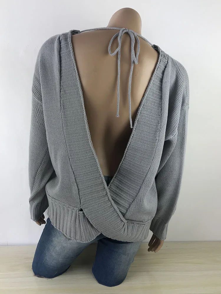 ZADORIN/осенние женские свитера в Корейском стиле 2019, однотонный Бандаж с открытой спиной, сексуальный свитер с длинным рукавом, вязаный