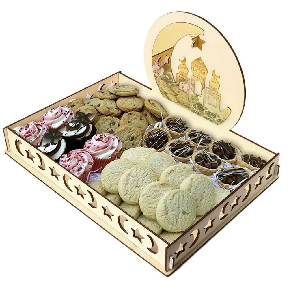Ислам Eid Рамадан Мубарак DIY деревянный бисквит десерт лоток полые украшения для вечеринок рабочего стола коробка для хранения