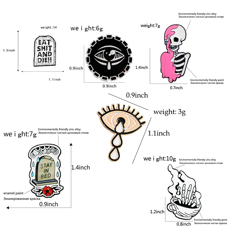 Готический Панк Эмаль Булавка Скелет слезы глаз надгробия кофейная чашка значок нагрудный знак брошь джинсовая рубашка сумка темные украшения подарок