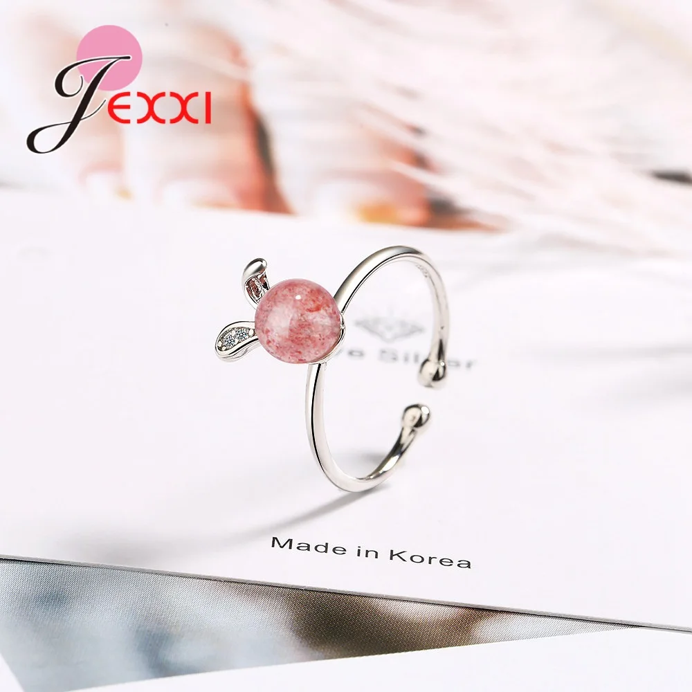 

New Design Cute Rabbit Adjustable Rings for Girl Party Gift Strawberry Crystal Stone Open Finger Bague Women 925 Silver Jewelry