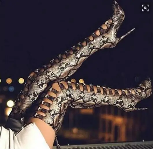 Women Sexy Snakeskin Printed Leather Over the Knee Boots Lace Up Stiletto Heels Open Toe Thigh High Python Dress Bootis Freeship Women Sexy Snakeskin Printed Leather Over the Knee Boots Lace Up Stiletto Heels Open Toe Thigh High Python Dress Bootis Freeship