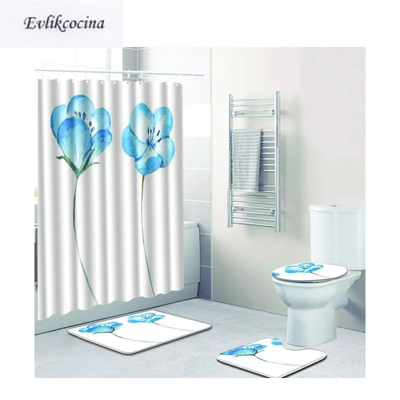 

Free Shipping 4pcs Light Blue Flowers Banyo Bathroom Carpets Toilet Bath Mats Set Non Slip Pad Tapis Salle De Bain Alfombra Bano