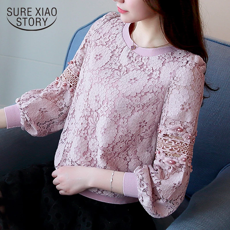Meilleur 2017 Automne nouvelle mode casual femmes dentelle basant la chemise col rond lâche à manches longues dentelle femmes chemisier top blosas 668C 30