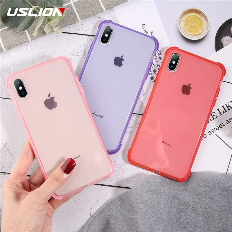 Прозрачный ударопрочный чехол USLION для телефона iPhone 7 8 Plus X XS мягкий однотонный