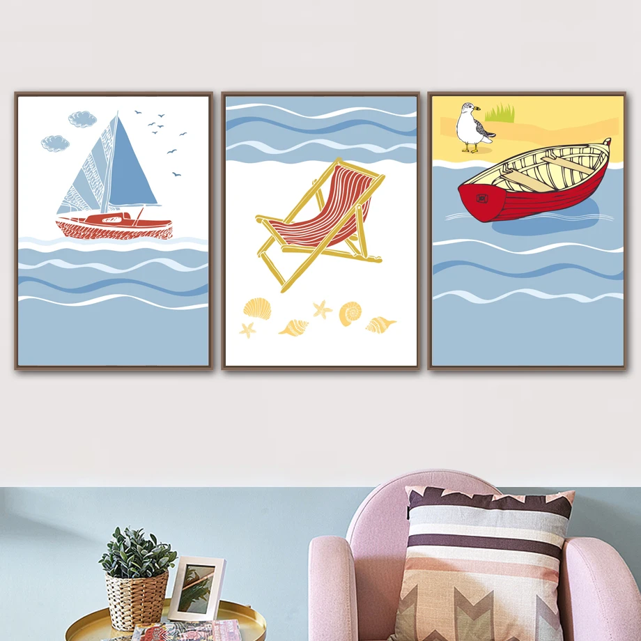

Abstract Cartoon Sea Ship Beach Chair Bird Wall Art Canvas Painting Nordic Posters And Prints Wall Pictures Kids Room Decor