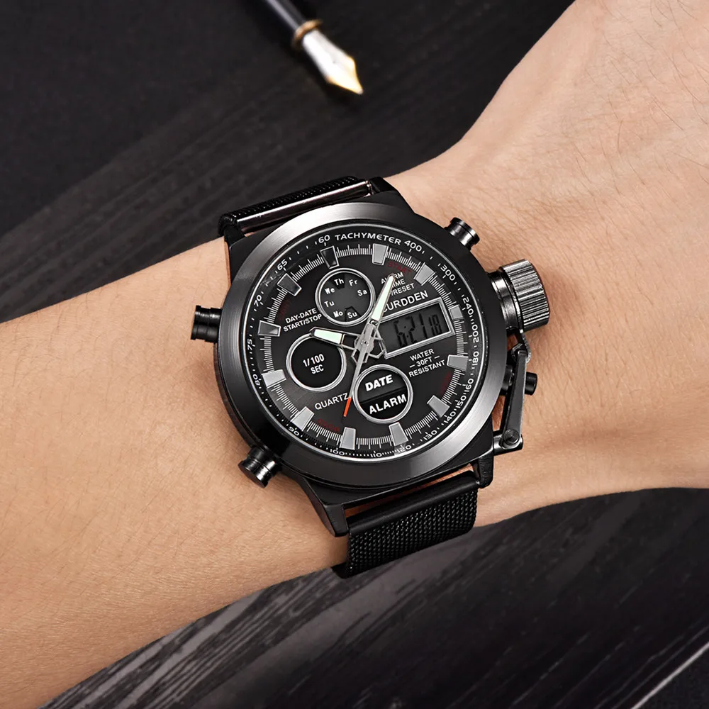 

Men's Watch Wrist Dual Time LED Digital Analog Quartz Movt Steel Band Men's watch Wrist Party decoration Business Watch gif for