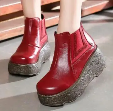 Г., новые женские ботинки на танкетке Модные ботильоны на высокой платформе Демисезонная женская обувь из натуральной кожи на высоком каблуке - Цвет: Красный