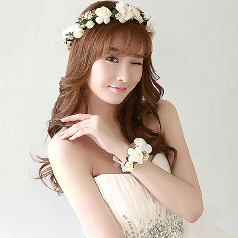 

1Set Fashion White Bride Wedding Wreath Head Flowers Wrist Flower Corsage Flowergirl Headwear Hair Accessories QB873268