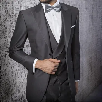 

New Style One Button Grey Groom Tuxedos Notch Lapel Best Man Groomsmen Prom Suits Business Prom Suits (Jacket+Pant+Vest+Bow)