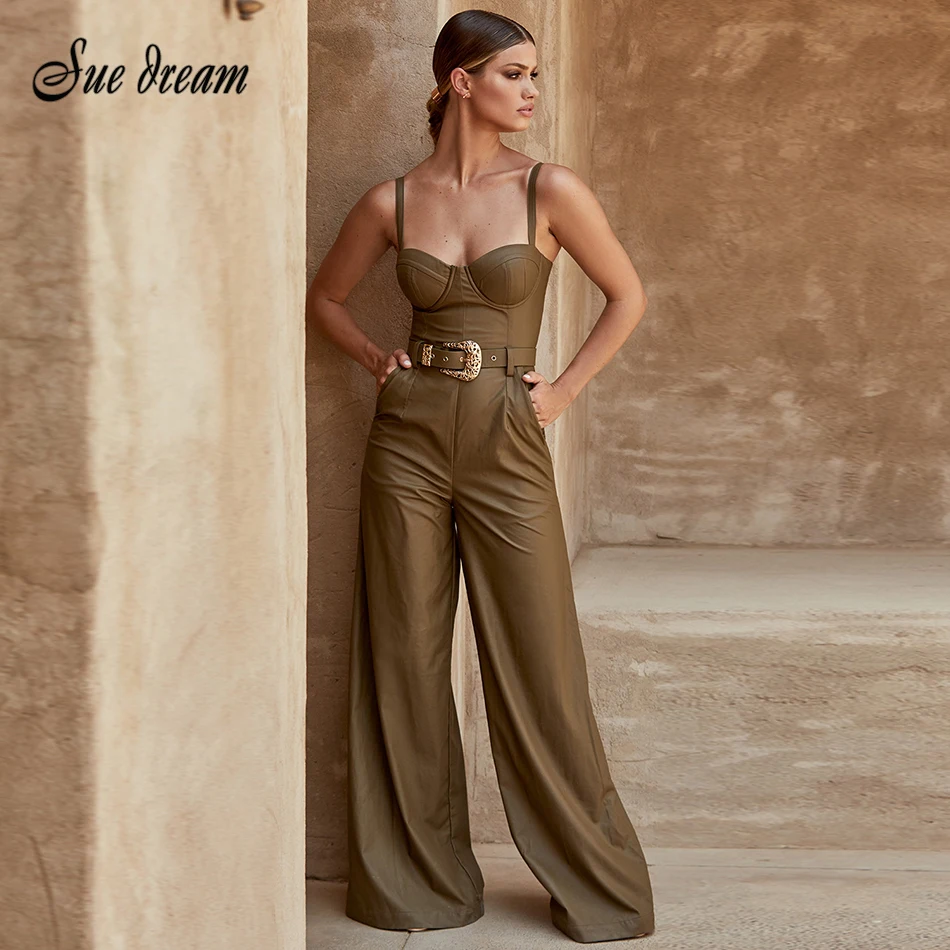 New Celebrity High Quality Non-slip Army Green Leather Loose Jumpsuit 2020 New Belt Decoration Sexy Fashion Party Jumpsuit New Celebrity High Quality Non-slip Army Green Leather Loose Jumpsuit 2020 New Belt Decoration Sexy Fashion Party Jumpsuit