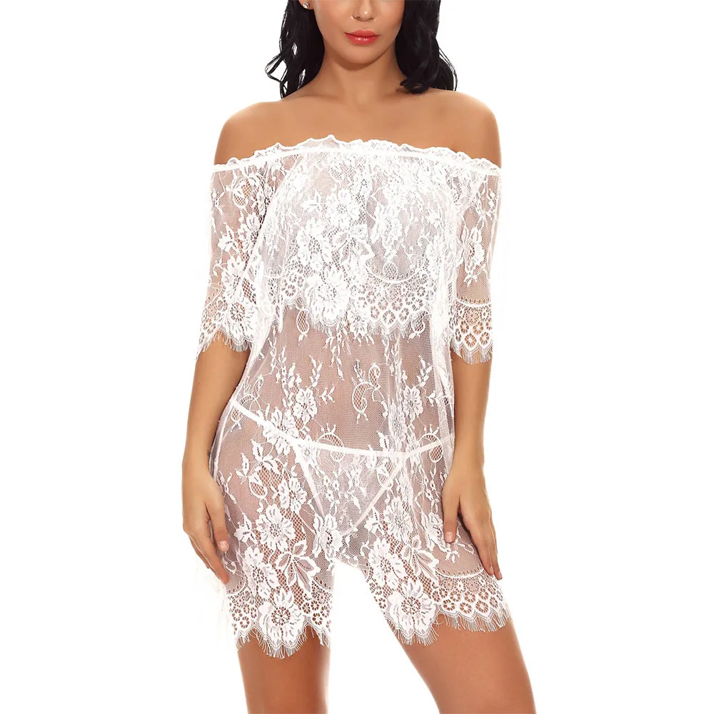 Сексуальная Babydoll женская ночная сорочка женское платье кружевное сексуальное с открытыми плечами сексуальное пирсинг ночная рубашка+ стринги черный, красный, фиолетовый, белый