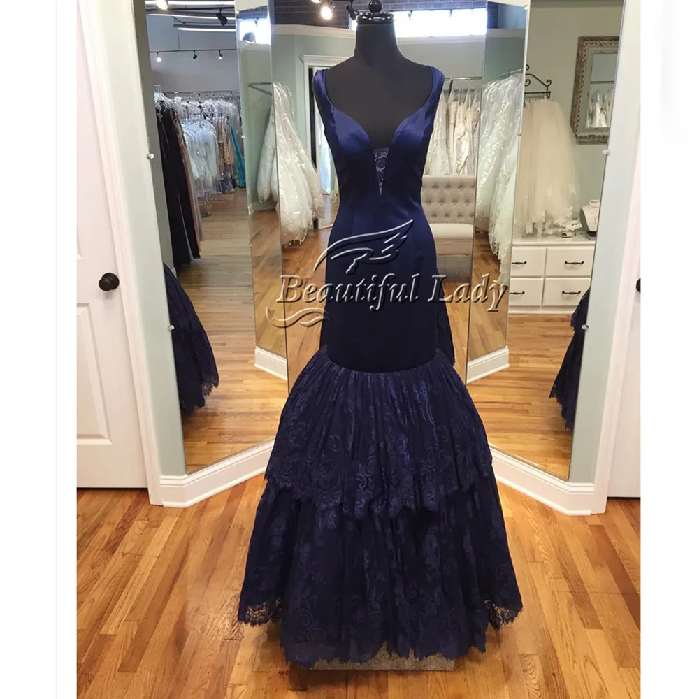 Navy Blue Long Prom Dresses 2017 Real Photos Sweetheart Floor Lenght Satin Lace Mermaid Prom Dress Special Occasion Gown Cheap