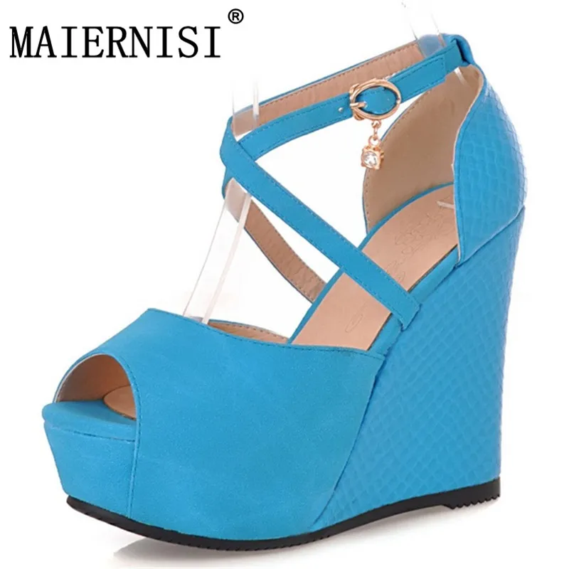 

New arrive women sandals elegant peep toe pu wedges shoes buckle big size 32-45 summer shoes sweet fashion platform