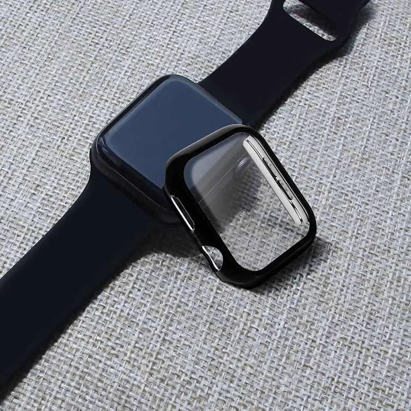 Жесткий чехол из поликарбоната с Экран протектор Закаленное Стекло пленка для Apple Watch серии 4 полное покрытие 40/44 мм бампер для Аксессуары для iwatch