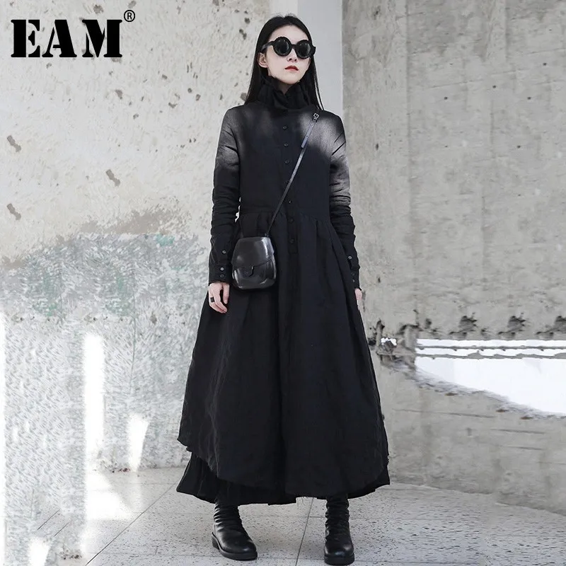 

[EAM] 2019 New Spring Winter Ruffled Collar Long Sleeve Black Irregular Big Hem Fold Loose Long Dress Women Fashion Tide JI098