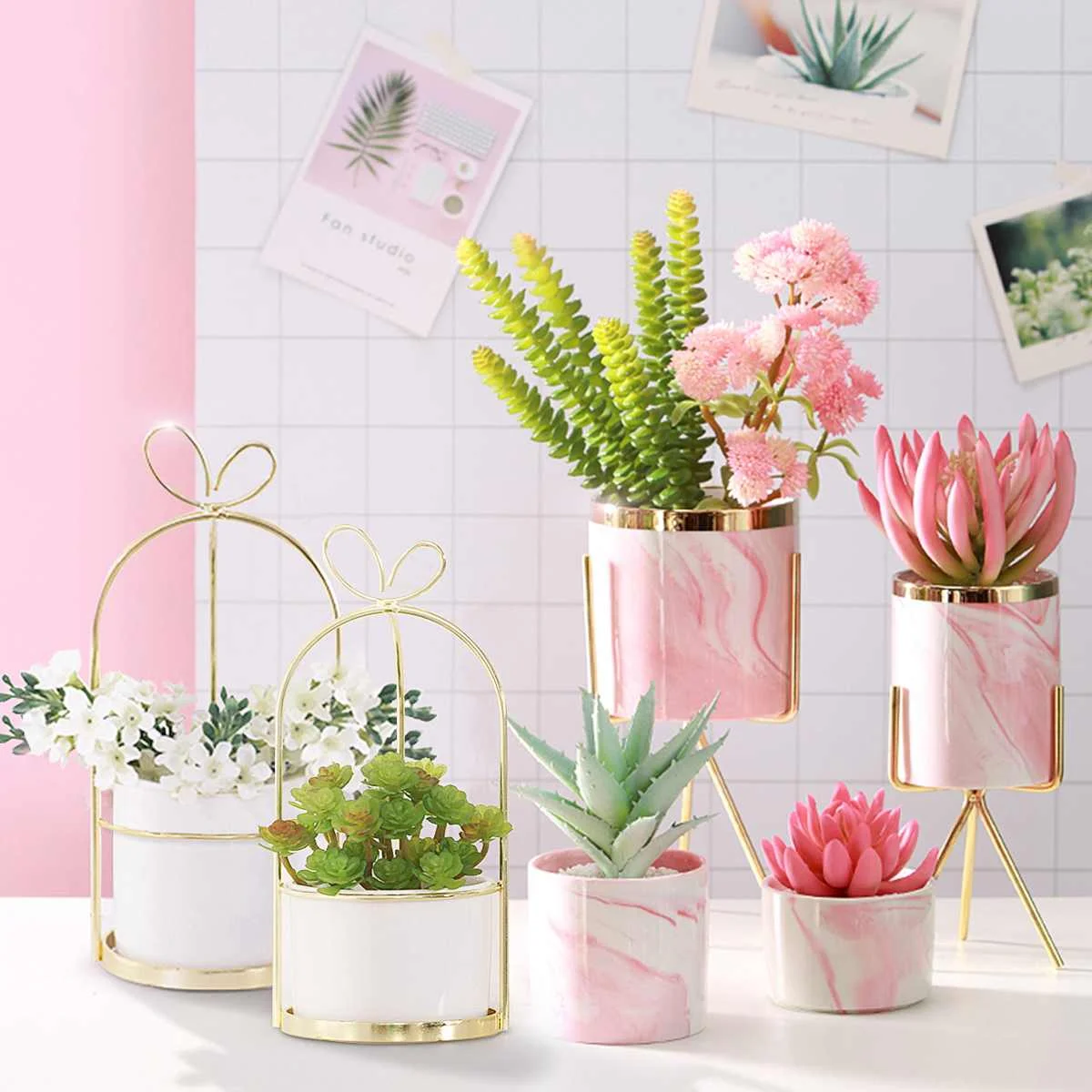 

Ceramic Flower Pots with Metal Stand Iron Rack Marbled Flower Plants Vase Garden Landscape Stand Shelf Home Table Decoration