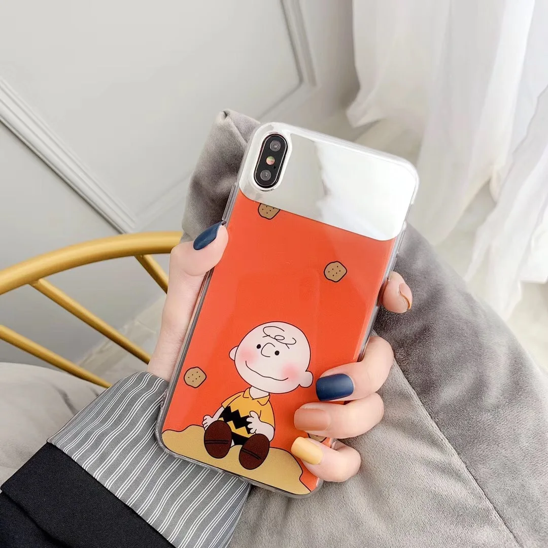 

Japan anime cartoon makeup mirror cute Charlie Brown shell for iPhone XR XS MAX 8 7 6S 6Plus matte soft silicone shell box base
