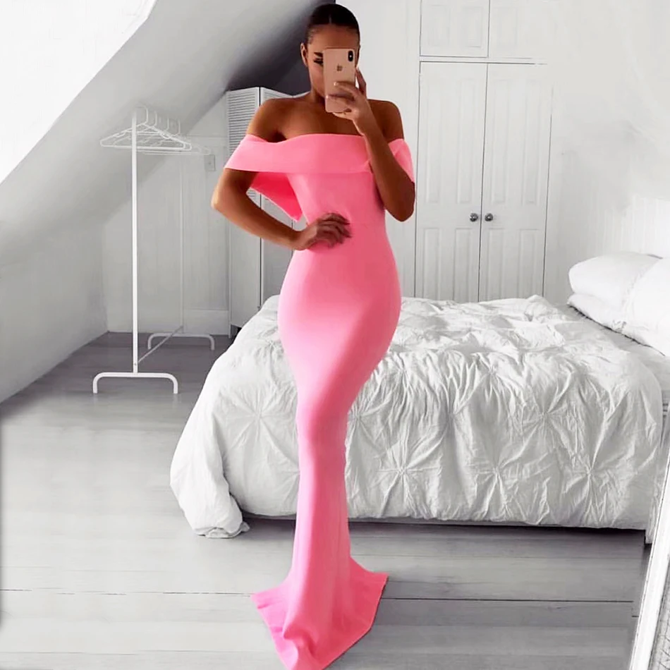 

Newest Off the Shouler Slash Neck Elegant Maxi Dress Women Back Split Solid Party Night Club Robe Long Dresses Gown Vestidos