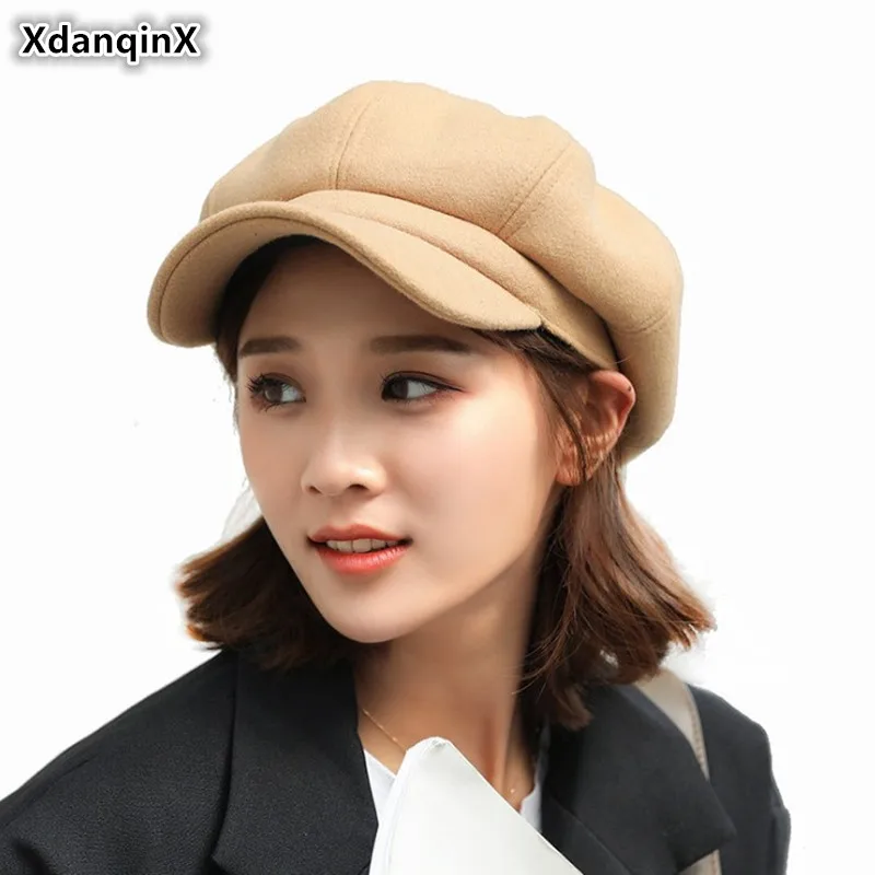 

XdanqinX Autumn Women's Solid Color Berets Snapback Cap Elegant Fashion Vintage Tongue Caps Multi-color Woolen Ladies Sports Cap