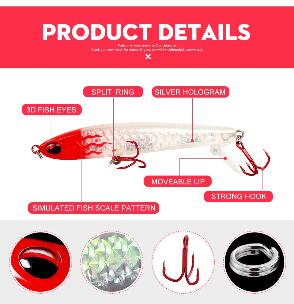 KINGDOM Hot High Quality Pencil & Minnow Fishing Lure Top water Hard Baits Good Action and Special reflective shiny fish skin  (5)