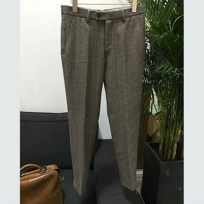 Мужские брюки в стиле ретро, шерстяные брюки, мужские деловые серые облегающие брюки с узором в елочку, твидовая шерстяная одежда в английском стиле