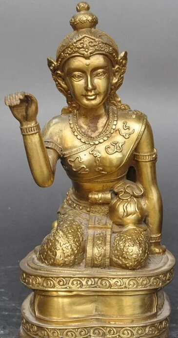 

818++9" Thai Thailand Buddhism Brass Wealth god Money Bag Mammon Goddess Knees Statue