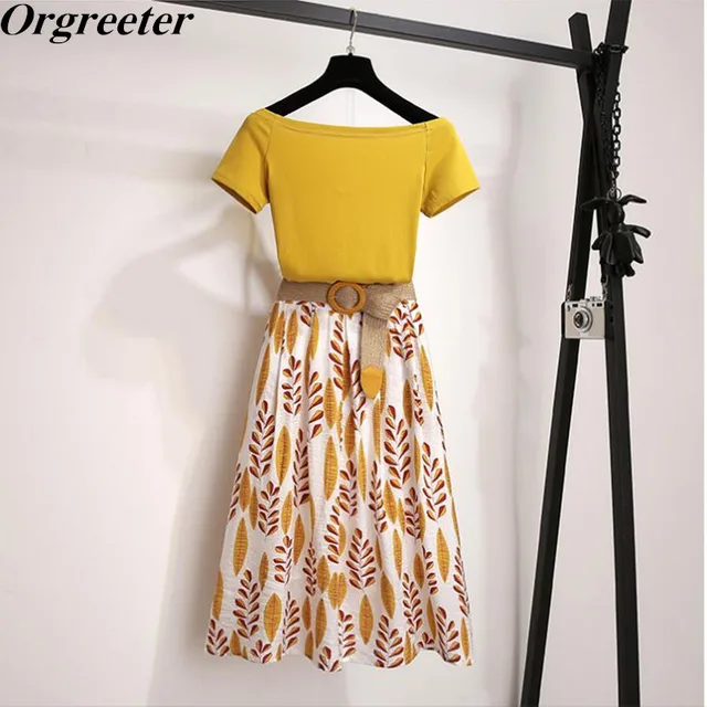US $18.48 Women Summer T Shirt 2-piece Set Off shoulder Basic Tees+High Waist Leaf Print Skirt Sets Fashion S
