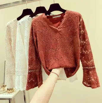 

Women's Spring Autumn Vintage Lace Shirt Female Fashion Elegant V neck Flare sleeve Lace Tops Plus size Basic Tees TB657