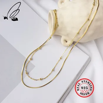 

S'STELL Layered 925 Sterling Silve Necklace For Women Gold Bead Chain Long Necklaces Choker Collier Femme Fine Jewelry