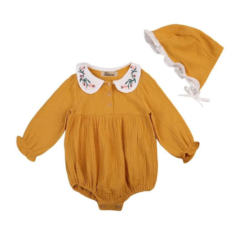 

New Lovely Newborn Baby Girls Princess Clothes Set Kids Cotton Embroidery Long Sleeve Romper Jumpsuit+Sun Hats Clothing Sets